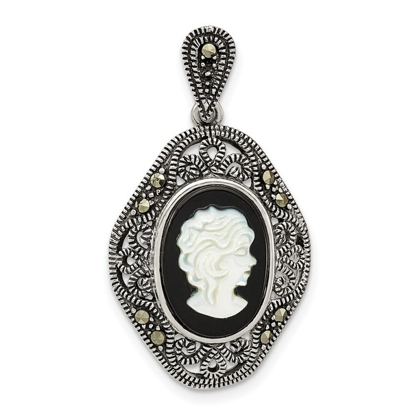 Sterling Silver Antiqued Marcasite Black Agate & Mother of Pearl Cameo Pendant