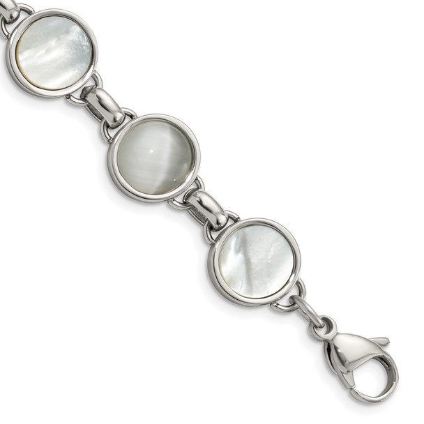 7.75" Stainless Steel Polished Cats Eye and Mother of Pearl 7.75in Bracelet