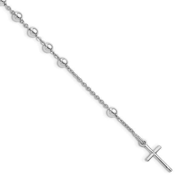 7" Sterling Silver Rhodium-plated Polished Beaded Cross Bracelet