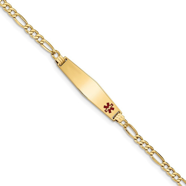 7" 14k Yellow Gold Medical Soft Diamond-Shape Red Enamel ID w Semi-Solid Figaro Bracelet with Free Engraving