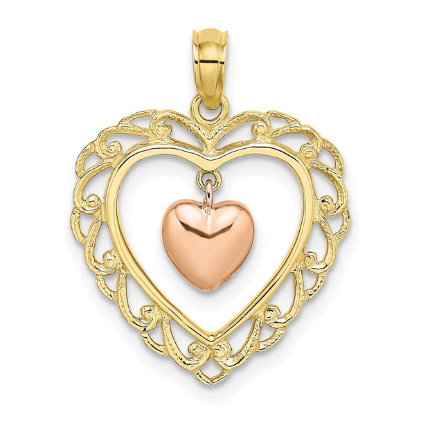 10k Yellow and Rose Gold Polished Dangling Heart In Heart Charm