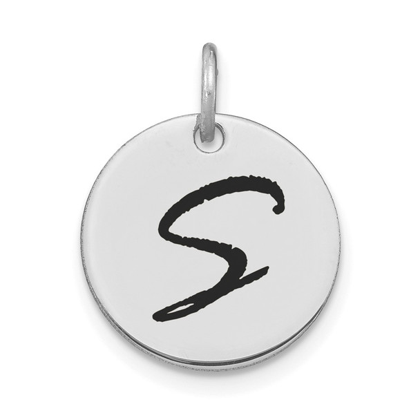 14K White Gold Polished Black Enamel Letter S Initial Disk Charm