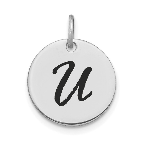 14K White Gold Polished Black Enamel Letter U Initial Disk Charm