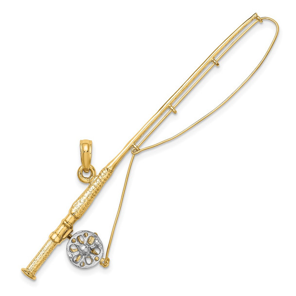 10K Yellow Gold w/Rhodium-plating 3-D Fly Rod Fishing Pole Charm