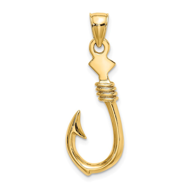 10K Yellow Gold 3-D Large Fish Hook with Rope Charm