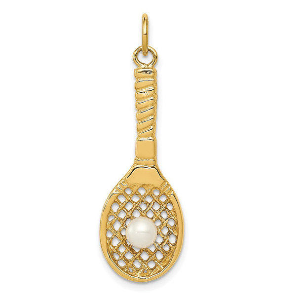 14K Yellow Gold Tennis Racquet W/Freshwater Cultured Pearl Charm