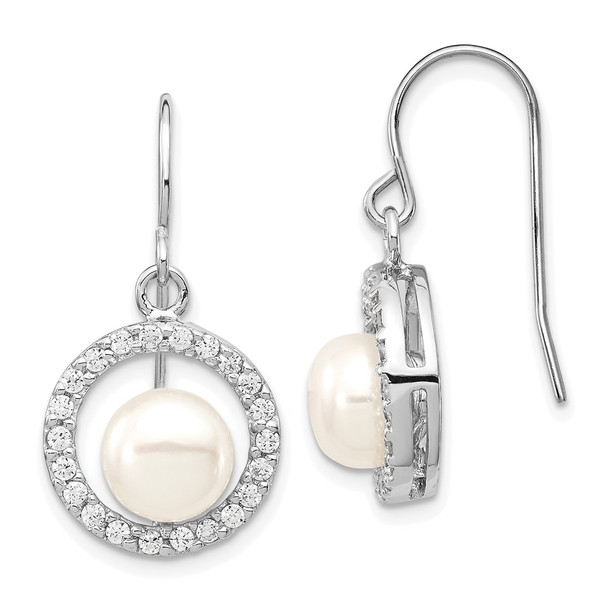 Sterling Silver Rhodium-plated Clear CZ Circle and 7-8mm White Freshwater Cultured Pearl Dangle Earrings