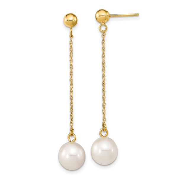 10k Yellow Gold 7-8mm White Round Freshwater Cultured Pearl Dangle Post Earrings