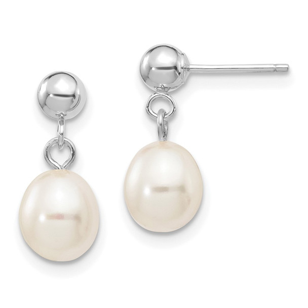 10k White Gold 6-7mm White Rice Freshwater Cultured Pearl Dangle Post Earrings
