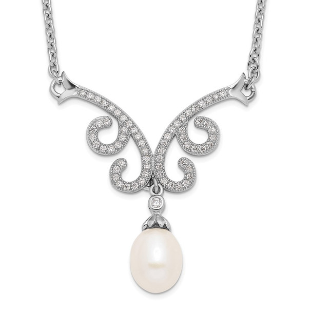 16.5" Sterling Silver Rhodium-plated 8-9mm White Freshwater Cultured Pearl CZ w/1in ext. Necklace