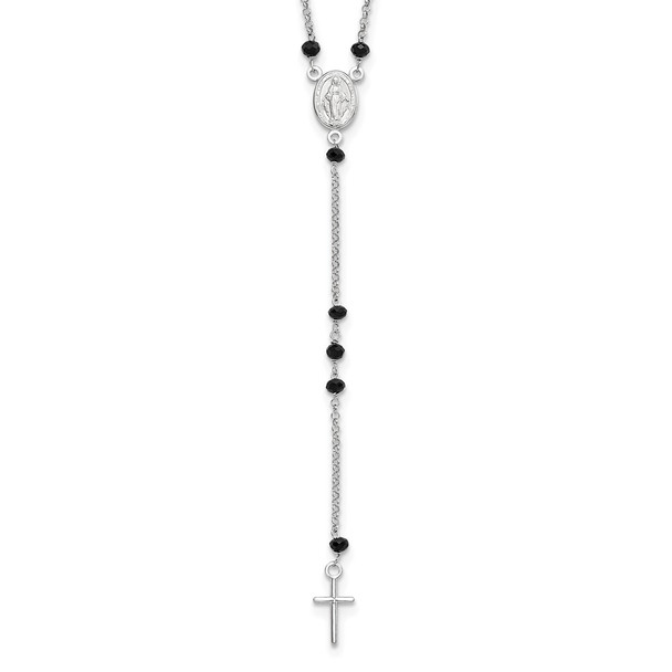 19" Sterling Silver Black Beaded Rosary with 1.25in .ext Necklace
