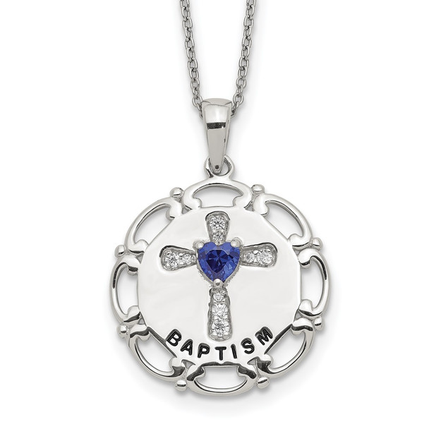 17.5" Sterling Silver Enameled Blue & Clear CZ Cross Necklace