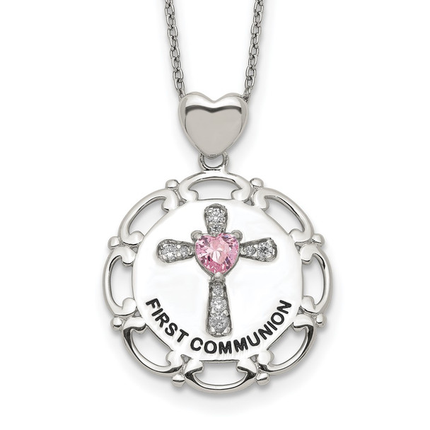 17.5" Sterling Silver Enameled Pink & Clear CZ Cross Necklace