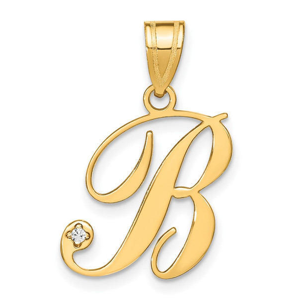 14K Yellow Gold Script Letter B Initial Pendant with Diamond