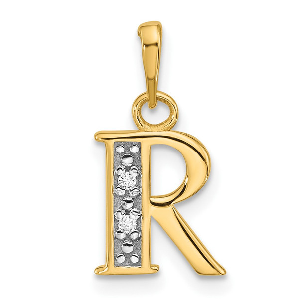 14K Yellow Gold with Rhodium-plating Diamond Letter R Initial Pendant