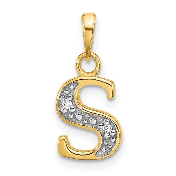 14K Yellow Gold with Rhodium-plating Diamond Letter S Initial Pendant