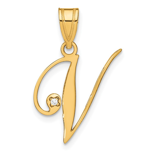 14K Yellow Gold Script Letter V Initial Pendant with Diamond