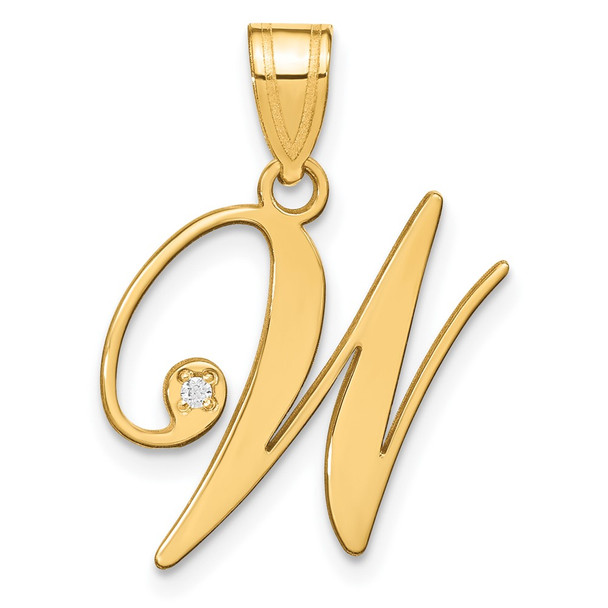 14K Yellow Gold Script Letter W Initial Pendant with Diamond