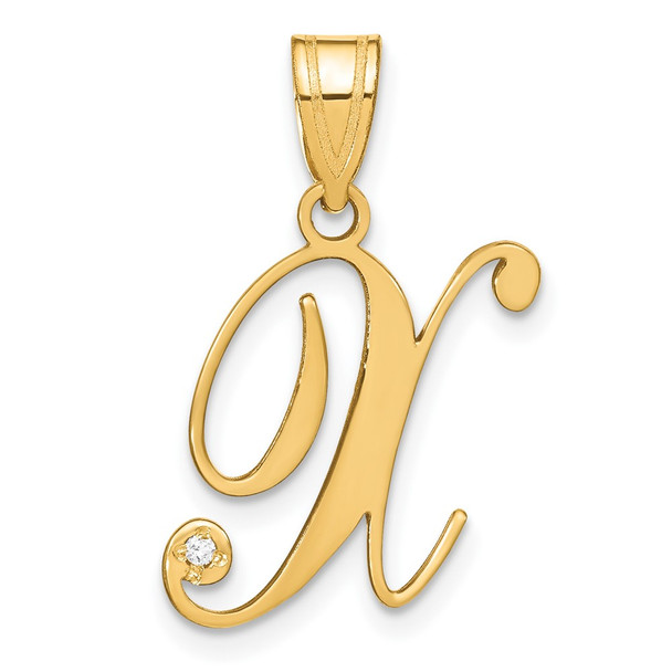 14K Yellow Gold Script Letter X Initial Pendant with Diamond