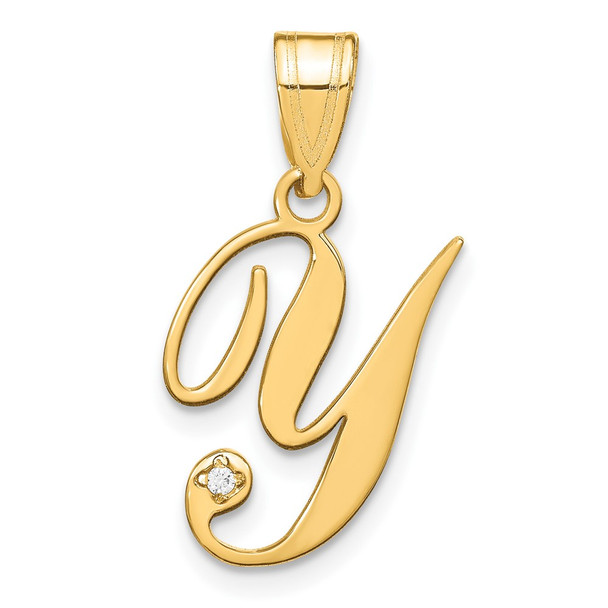 14K Yellow Gold Script Letter Y Initial Pendant with Diamond