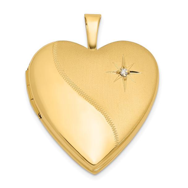 14K Yellow Gold 20mm Satin and Polished Diamond Heart Locket Pendant