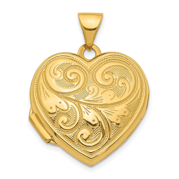 14K Yellow Gold 19mm Scroll Design Reversible Heart Locket Pendant