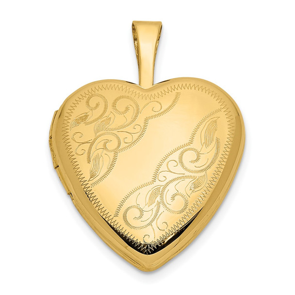 14K Yellow Gold 16mm Leaf and Scroll Heart Locket Pendant