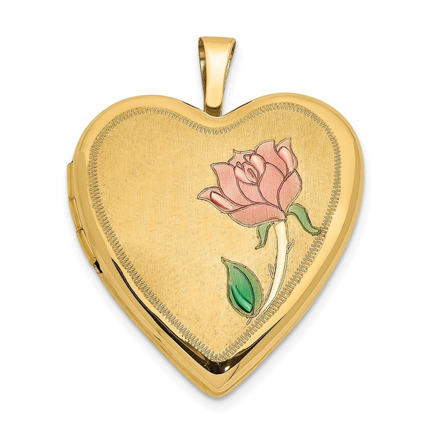 14K Yellow Gold 20mm Enamel Rose Heart Locket Pendant