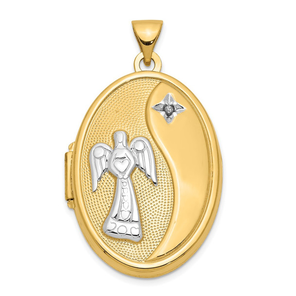 14k Yellow Gold w/ White Rhodium-plating Diamond Guardian Angel Oval Family Locket Pendant