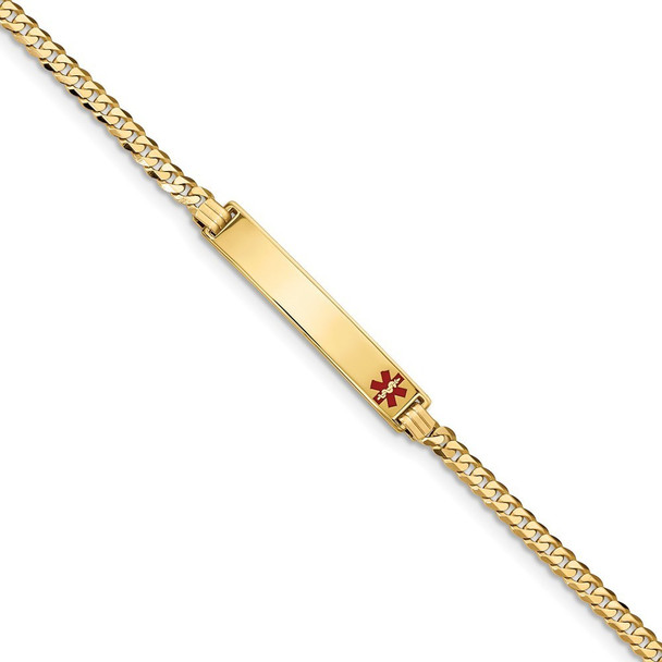 7" 14k Yellow Gold Medical Red Enamel Flat Curb Link ID Bracelet XM561FR-7 with Free Engraving