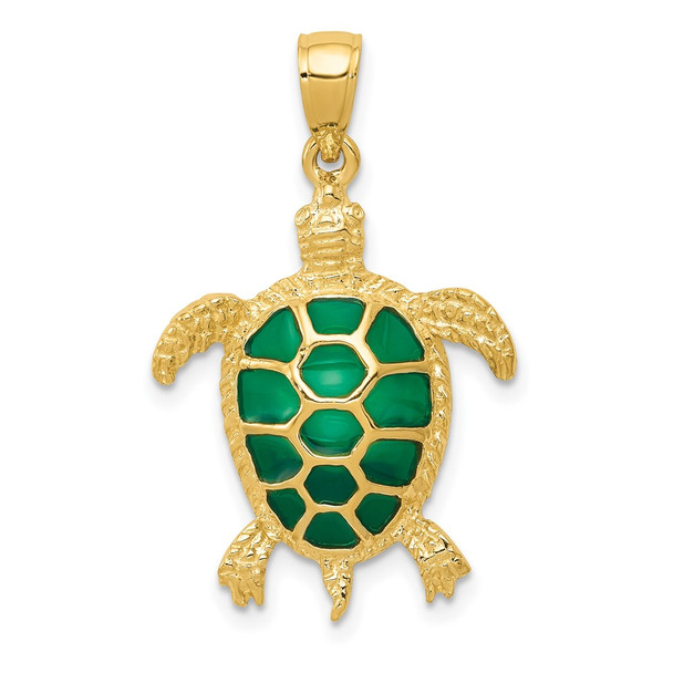 10K Yellow Gold Green Enameled Sea Turtle Pendant