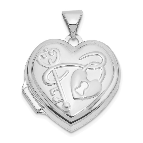 14k White Gold 18mm KEY TO MY HEART Reversible Heart Locket Pendant