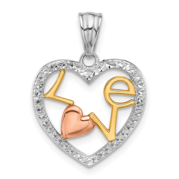 14K Tri-Color Gold Diamond-cut LOVE in Heart Pendant