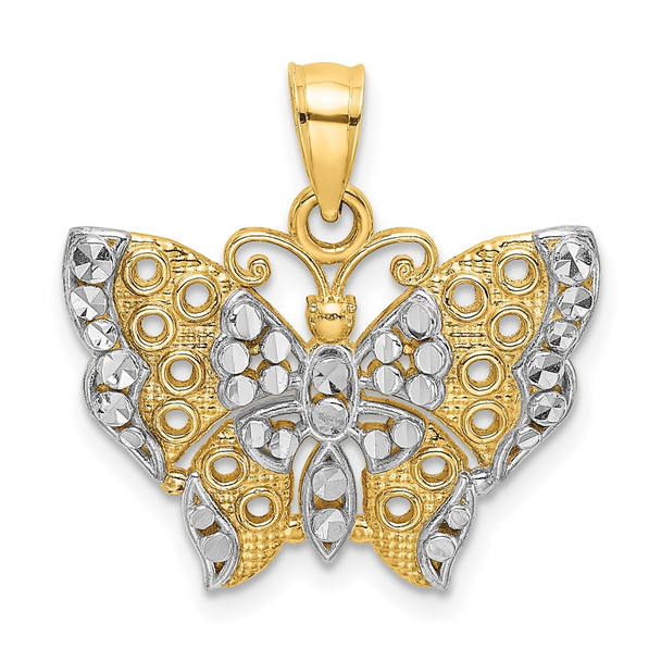 10K Yellow Gold w/Rhodium-plating Butterfly w/White Edge and Cut-out Wings Pendant
