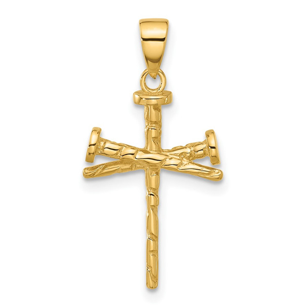 14K Yellow Gold Polished and Textured Nails Cross Pendant C4949