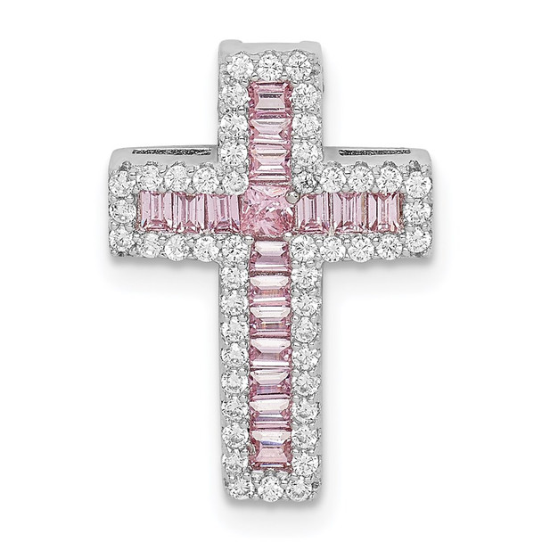 Sterling Silver Rhodium-plated Pink & White CZ Cross Chain Slide Pendant