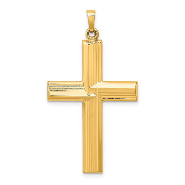 14K Yellow Gold Hollow Polished Stripe Design Latin Cross Pendant