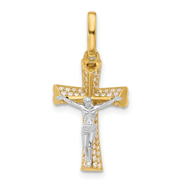 14K Two-tone Gold Polished CZ Crucifix with Heart Ends Pendant