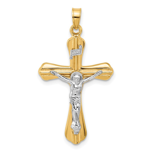14k Two-tone Gold Grooved Hollow INRI Crucifix Pendant
