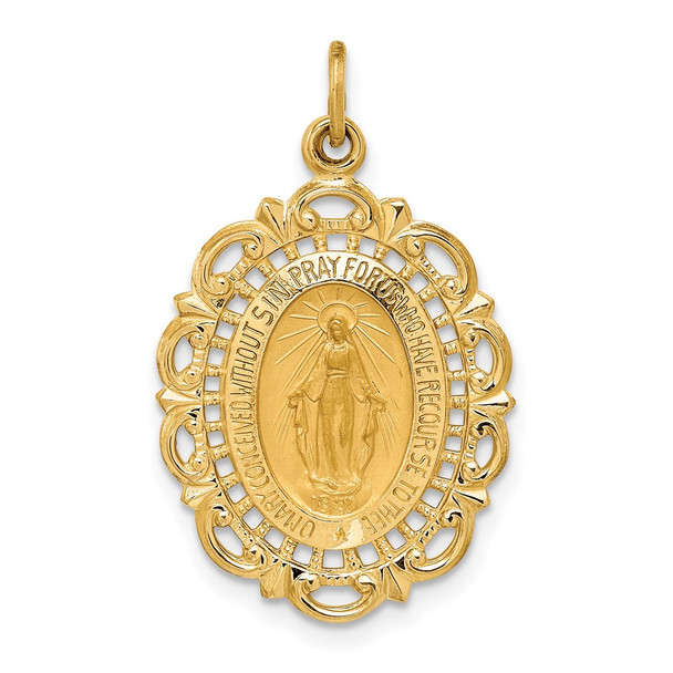 14K Yellow Gold Solid Polished/Satin Fancy Pierced Oval Miraculous Medal Pendant XR1763