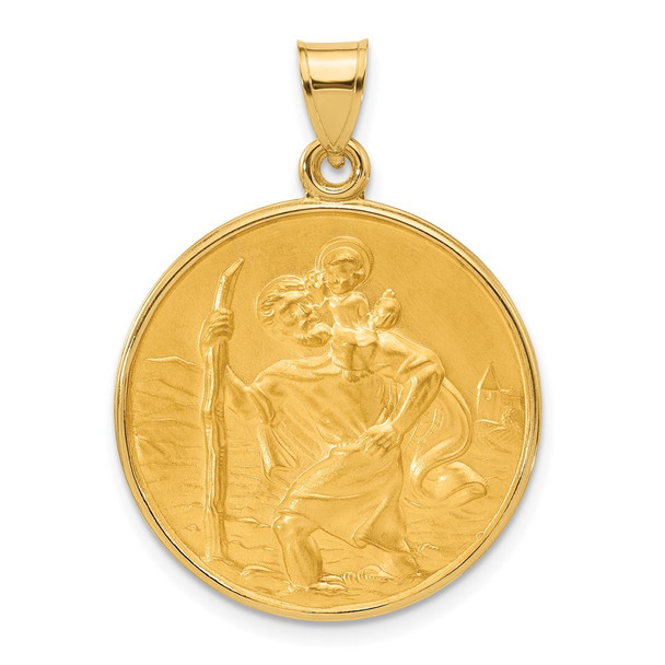 14K Yellow Gold Polished and Satin Solid St. Christopher Medal Pendant