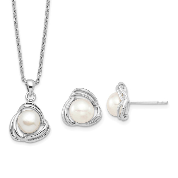 Sterling Silver Rhodium-plated 6-7mm White Freshwater Cultured Pearl Necklace/Earrings Set