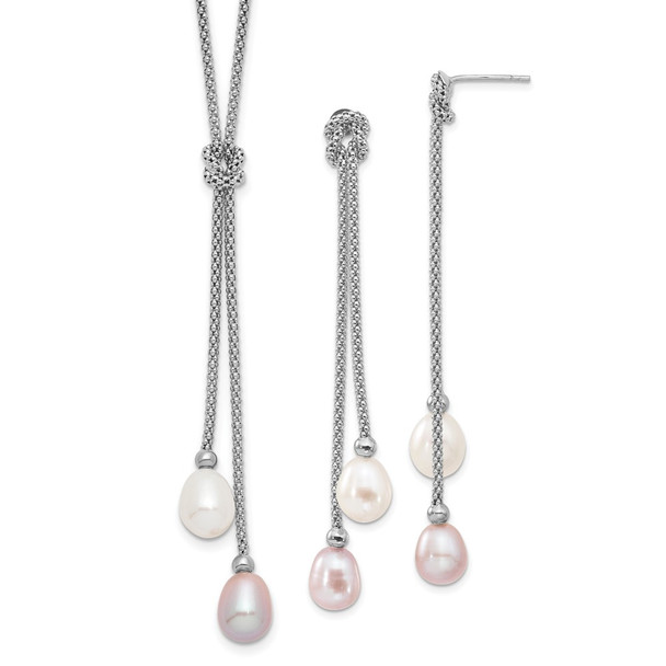 Sterling Silver Rhodium-plated Freshwater Cultured Pearl Knot 18 in. Necklace/Earrings Set