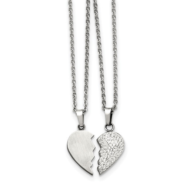 Chisel Stainless Steel 1/2 Heart Brushed and 1/2 Heart Crystal Pendants on 20 inch Cable Chain Necklace Set