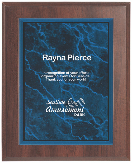 Blue Marble Plaque with Dark Wood Backdrop 356