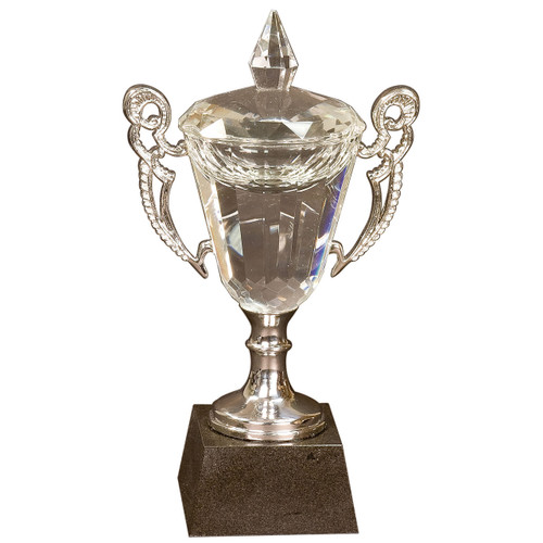 Medium Crystal Trophy with Silver Stem and Handles on Black Base