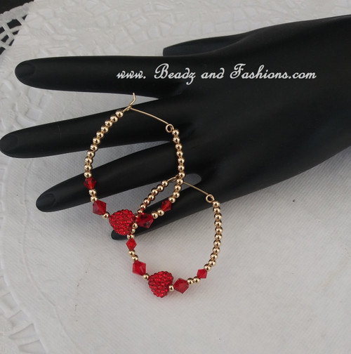 14k gold filled red pave heart hoop earring #1