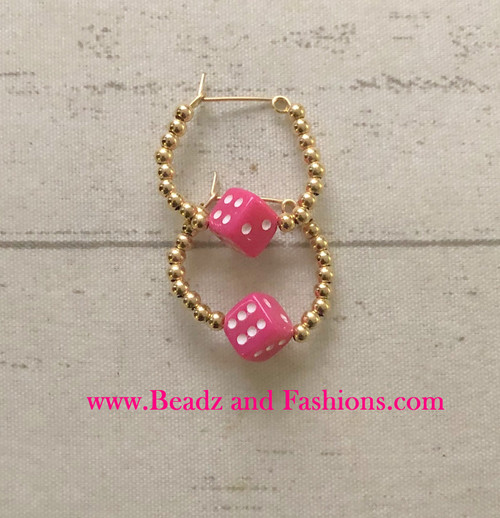14k gold Small pink dice hoop earrings