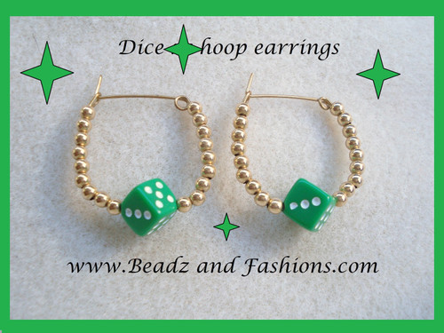 14k gold filled green dice hoop earrings