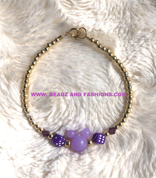 14k gold dice & mouse purple bracelet